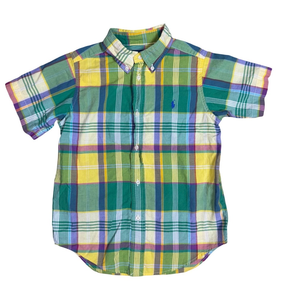 Ralph Lauren Plaid Shirt Boys Size 6 Green Yellow Short Sleeve Button Down Pony
